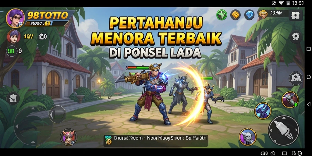 Tampilan gameplay seru di 98TOTO dengan menara dan musuh yang menegangkan.