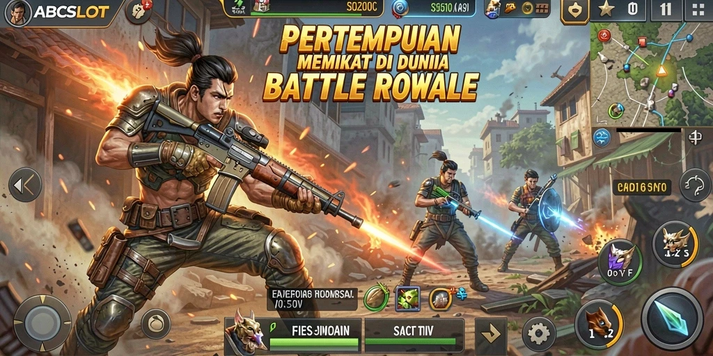 Tangkapan layar utama ABCSLOT menampilkan aksi pertempuran seru dalam mode Battle Royale.