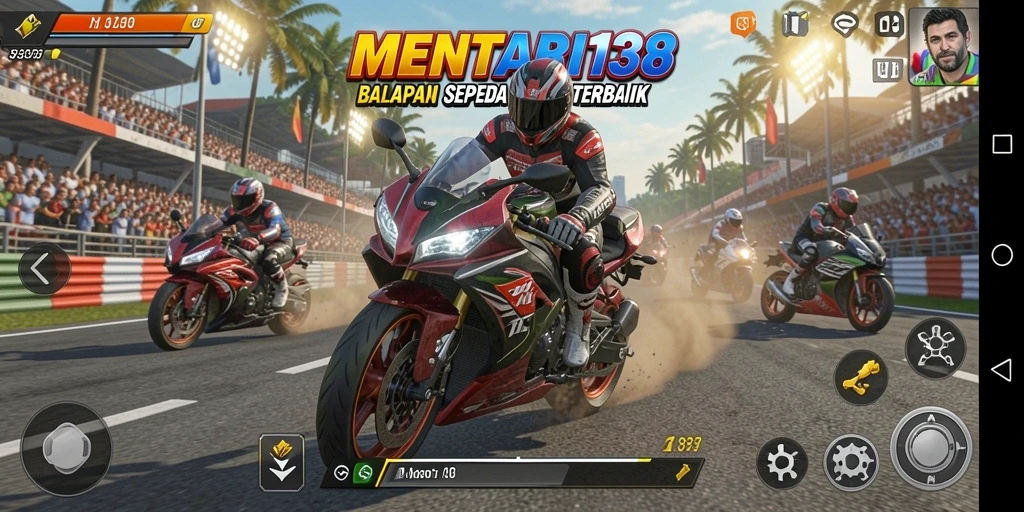 Tampilan gameplay menegangkan dari MENTARI138 dengan sepeda motor balap.
