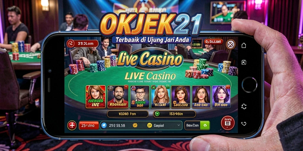Screenshot gameplay OKJEK21 menampilkan dealer langsung dan berbagai permainan kasino.
