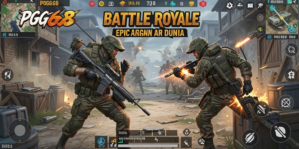 Tangkapan layar utama PGG68 menampilkan aksi Battle Royale yang mendebarkan.