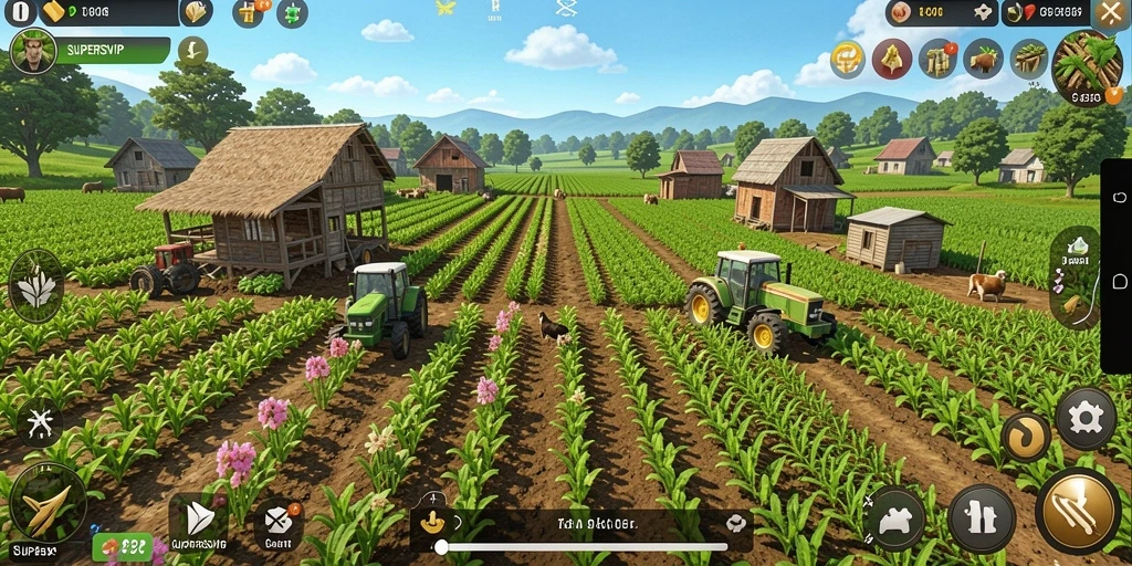 Tampilan gameplay SUPERSVIP yang seru dengan aktivitas pertanian yang menyenangkan.