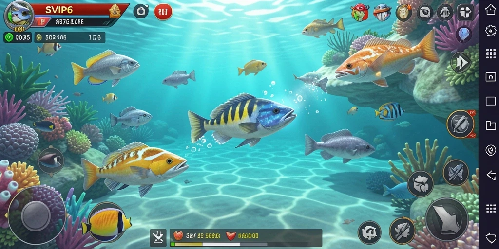 Screenshot gameplay SVIP6 yang menunjukkan aksi menangkap ikan.