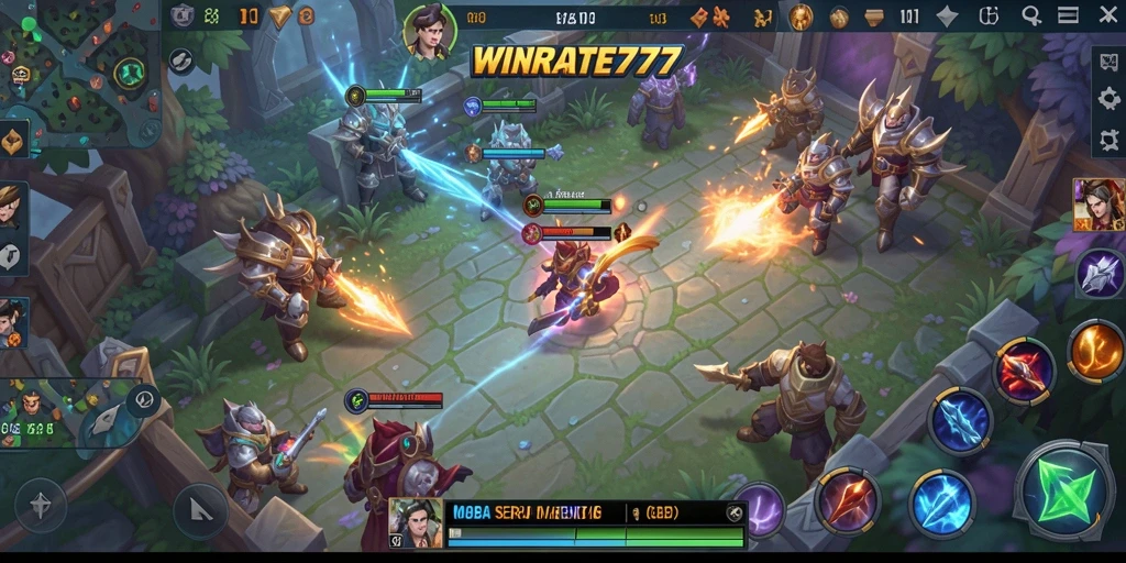 Tangkapan layar utama WINRATE777 menampilkan aksi gameplay MOBA yang seru.