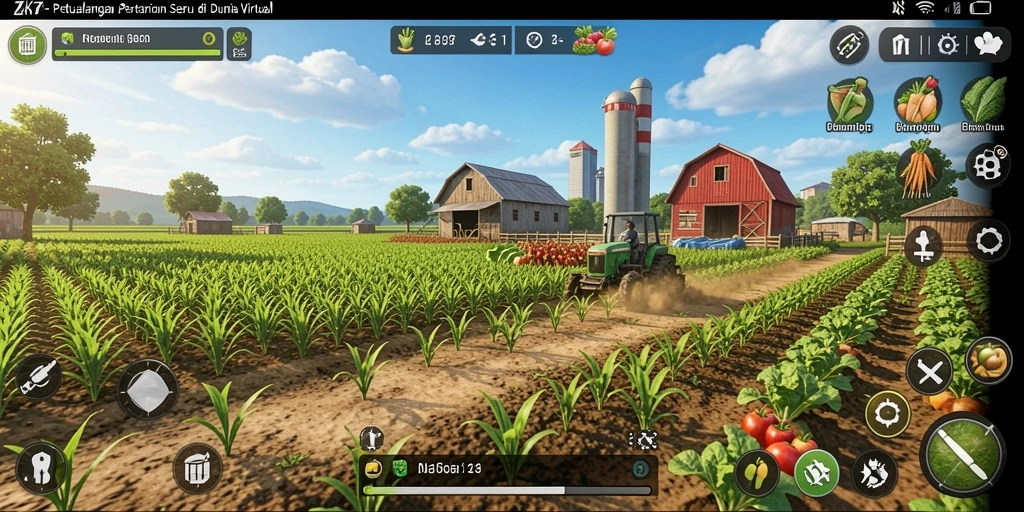 Screenshot gameplay ZK7 menampilkan aktivitas pertanian yang seru.